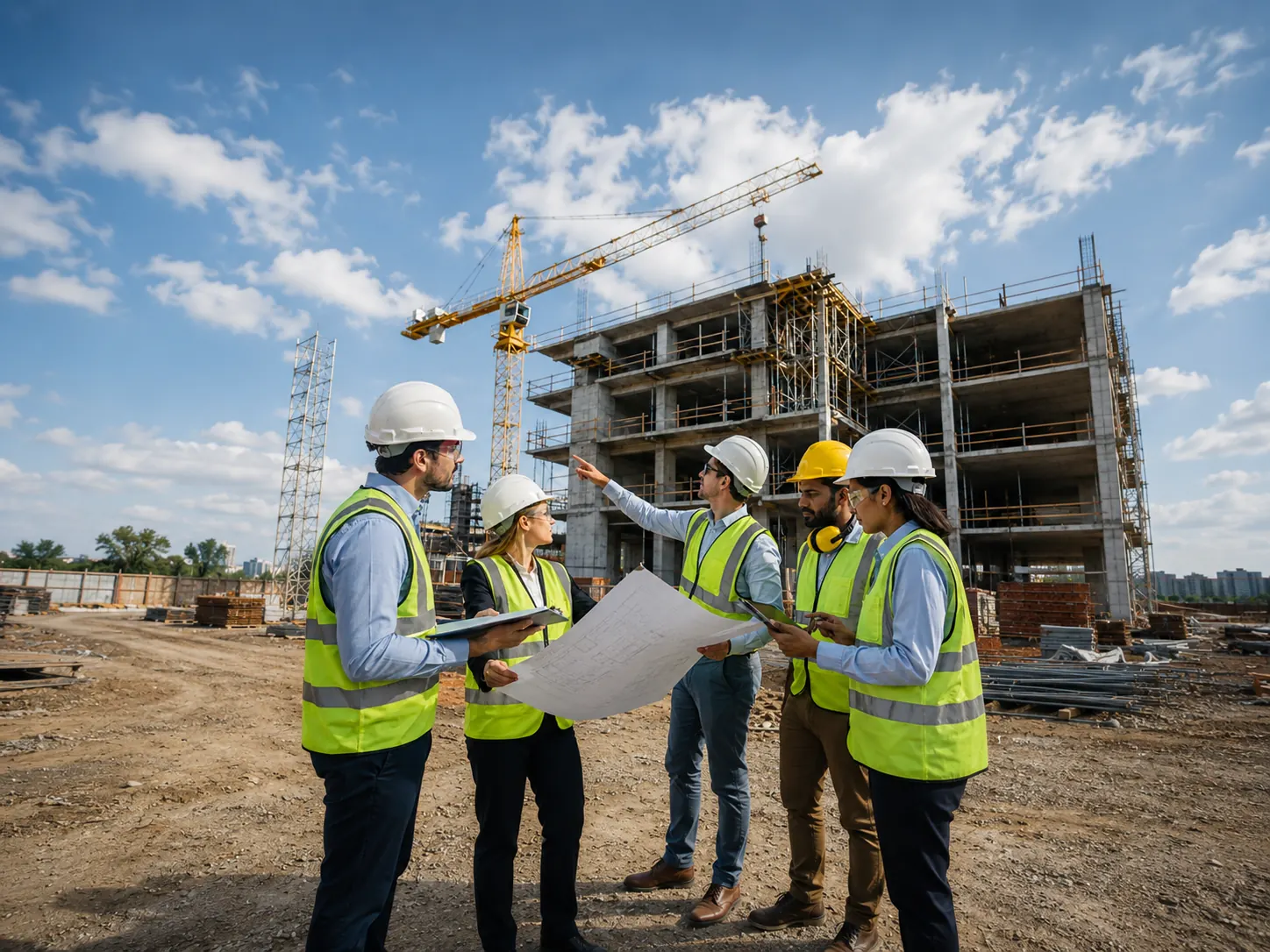 Engineers reviewing construction plans at a building site